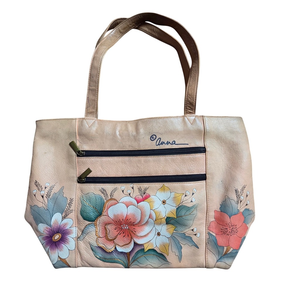Anna by Anuschka Hand Painted Leather Large Tote Bag 8045 Floral Bird Peach